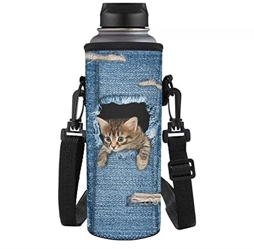 NETILGEN Neoprene Thermal Bottle Cover with Adjustable Shoulder Strap - 34oz/1000ml, Denim Cat