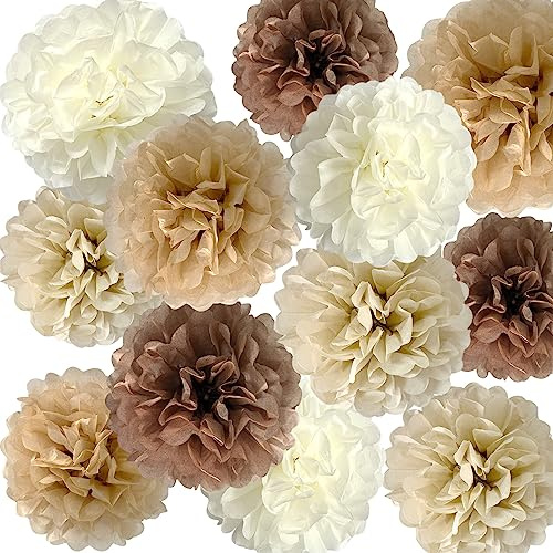 ANSOMO Braune Seidenpapier-Pompons, Khaki, Karamell, Party-Dekorationen, Elfenbein, Beige, Creme, Erdton, Boho, Champagnerbraun, Blumen, Wandbehang, Dekoration, Zubehör, rustikal, neutral, Geburtstag,