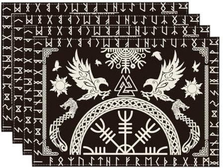 Artoid Mode Wikinger Baum des Lebens Rabe Helm der Ehrfurcht Platzsets 4er Set, 30x45cm Urlaub Tischsets Waschbar Platzdeckchen Küche Party Deko