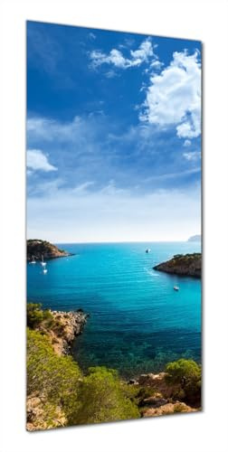 Wallario Selbstklebende Duschrückwand 90 x 200 cm mit Motiv Ibiza - Blick von Einer Bucht aufs Meer - Wandverkleidung Fließenersatz mit Hochglanzlaminat in Glasoptik