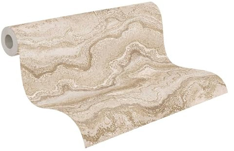 Livingwalls Tapete 396592 mit Marmoroptik - hochwertige Design Tapete Marmor in Creme, Beige, Grau - Wandtapete mit Glanzeffekt in Gold - 10,05m x 0,53m - Made in Germany