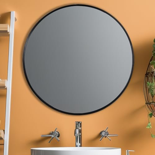 FRUMENSHIP Spiegel Rund Schwarz, 76 x 76 cm Runder Wandspiegel, Spiegel mit Metallrahmen, Moderner Hängespiegel, für Flur, Wohnzimmer, Badezimmer, Schlafzimmer