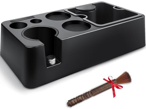 HOLIHOKY Tamperstation 51mm 54mm 58mm mit Abnehmbar Abklopfbehälter für Siebträger, Kaffee Tamping Station für Barista Zubehör, Walnuss Kaffeepinsel, Schwarz