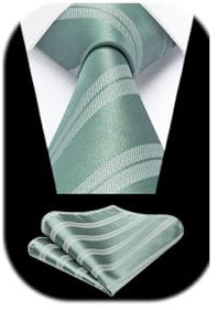HISDERN Salbei grün Herren Krawatte Formell Streifen Krawatte mit Einstecktuch Set Hochzeit Krawatten and Taschentuch