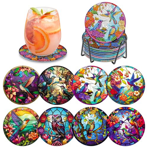 MOGTAA Peinture Diamant Dessous de Verre, 8PCS Kit Diamond Painting Oiseau, DIY Animaux sous-Verres Art de Diamant avec Support, Kits de Peinture Diamant pour Adulte Enfants