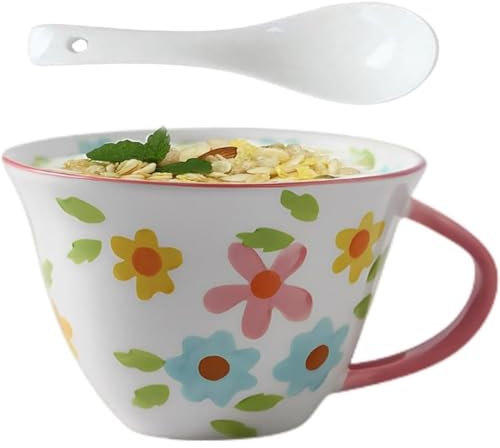 FülleMore 600ml große Frühstückstasse Müslitasse mit Henkel Müslibecher Kaffeebecher mit Löffel Salat Schale Porzellan Joghurtbecher Keramiktasse Geschenk für Oma Mutter Freundin (Rosa)
