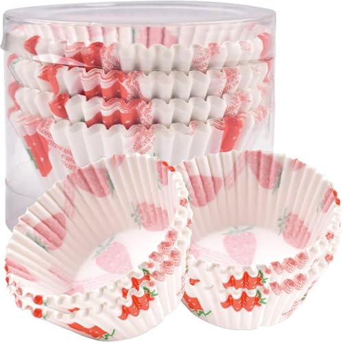 Cupcake Liners Baking Cups 100 Pack Standard Paper Muffin Cups Food Grade Cupcake Wrappers Greaseproof Muffin Liner Non-Stick Strawberry Printing Baking Cup Paper for Wedding Birthday Party Festival