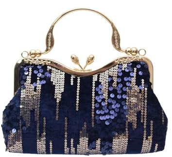 CORIOS Vintage 1920s Pailletten Abendtasche Damen Samt Clutch Tasche Hochzeit Brautbörse Handtasche Elegante Diamant Schultertasche Glänzend Strass Portemonnaie Tasche Kette Umhängetasche Dunkelblau
