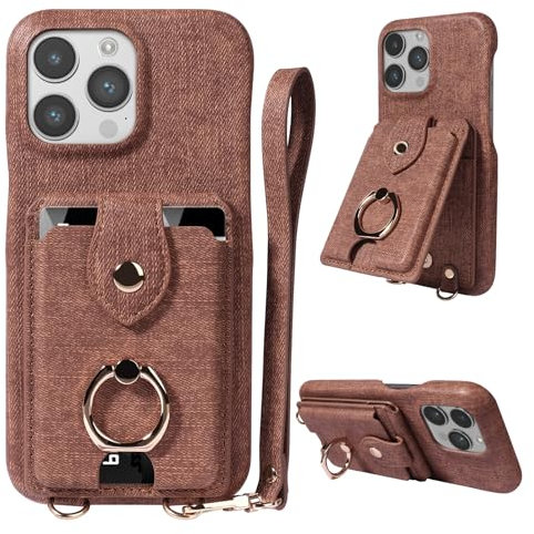 ZHOUDSAEIFD TU Leather Phone Case for iPhone 14 Pro Case with Card Slots on the Back and 360° Ring Stand Case with Hand Strap Cord Durable and Drop Resistant Dark Brown