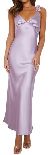 Phicia Sommerkleid, Satin, Spaghettiträger, V-Ausschnitt, Midi-Kleider für Damen, Hochzeitsgäste, Elegante Blume, rückenfrei, Cocktailkleid, formelles Kleid, Flieder, Mittel