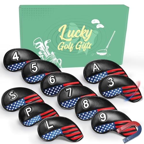 FINGER TEN Golf Club Covers for Irons Magnetic Value 11 Pack, Synthetic Leather Deluxe Head Cover Set Headcovers for Irons Fit Main Iron Clubs (Black-USA Flag)