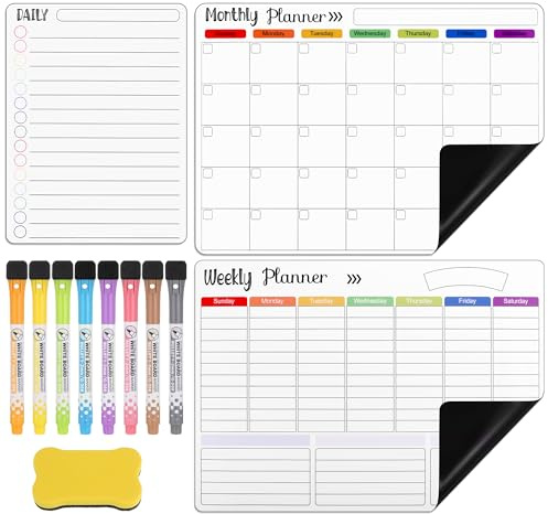 JIANTA Calendario Magnetico Nevera Mensual, 3 Planes Mensual/Semanal/Diario | Planificador Magnético Nevera, Pizarra Magnéticas Nevera, Planificador Semanal incluye 8 marcadores de borrado en seco