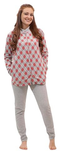Leo Corsetteria Pigiama per Donna Pile Caldo Giovane Invernale Collo Alto Abbottonato con Tasche Fantasia Rombi Rosso Misura M