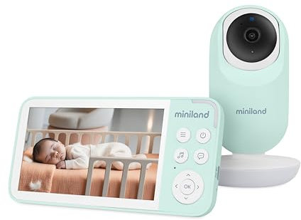 Miniland Babyphone Digimonitor, 12,7 cm (5 Zoll), HD, Babyüberwachungskamera, schwenkbar und neigbar, Nachtsicht, Zwei-Wege-Kommunikation, weißes Rauschen und Melodien