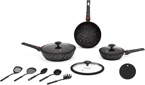 Avilia Set de poêles antiadhésives gris 12 pièces – effet pierre avec poignées amovibles | ustensiles de cuisine avec couvercles en verre | utilisable sur induction, gaz et four