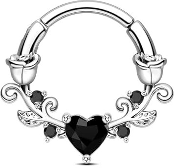 CM Crareesi Mania Rose Septum Piercing Jewellery Silver Septum Rings Clicker 16g Daith Piercing Jewellery Stainless Steel 10mm Daith Helix Earrings with Heart Black CZ for Women