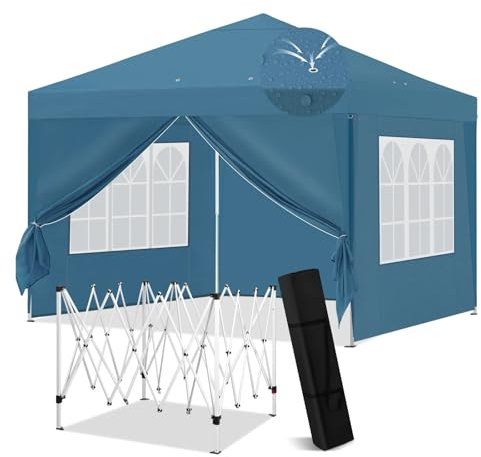 3x3m Faltbarer Pop-Up Pavillon - Wasserdicht Winterfest Carport mit Seitenwänden Fenstern & Tragetasche - Stabiler Grillunterstand Baldachin (Blau)