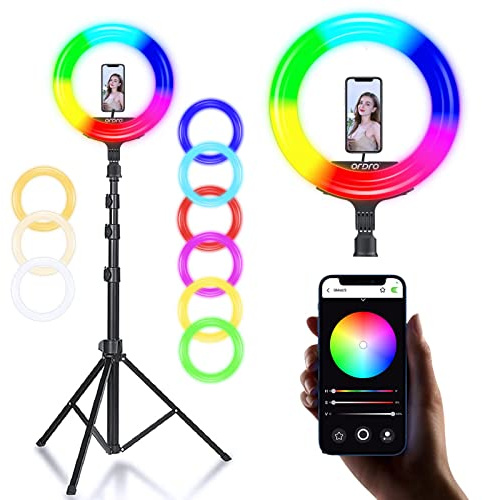 ORDRO Ringlicht mit Stativ, 16 Zoll Selfie Ringlicht mit 74 Zoll Stativ Ständer Bluetooth-App zur Unterstützung mehrerer RGB-Lichtmodi, 2600 K ~ 10000 K einstellbare Farbtemperatur
