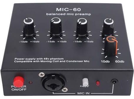 Dynamic Microphone Preamp, 48V Power XLR Output Low Noise Mic Booster for Studio Live Streaming, Stereo Preamplifier, 3 Channel Inputs Enhance Sound Quality