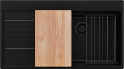 PRIMAGRAN Spülbecken ab 60er Unterschrank + Ablauf-Set, 90x50cm | Set: Ablauf-Set (Siphon, Ablaufgarnitur, Überlauf) + Granitspüle 1 Becken - Sydney Ergo, Alles Schwarz