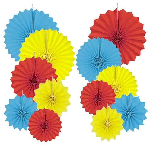 Vsosfiza Paper Round Fan Party Decorations, Blue Yellow Red Hanging Fans for Carnival Circus,Cartoon,Sport, Birthday Party, Baby Shower, Graduation Events,Set of 12(8,10,12,14)