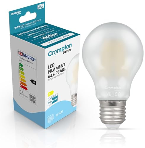 Crompton Lamps Filament GLS LED Light Bulb ES-E27 | 10.5W = 100W Equivalent | Warm White 2700K | Energy Efficient | Edison Screw Lightbulb | Long Life 15,000-Hrs | Pearl Glass
