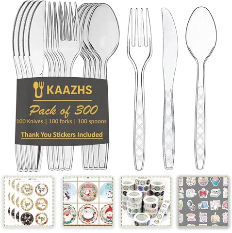 Reusable Plastic Cutlery Set with Stickers | Pack of 300 (100 Spoons, 100 Forks & 100 Knives) Durable, Lightweight, Heavy Duty | Cutlery Set with Party Stickers for Everyday Personal Use