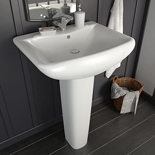 Lavabo de salle de bain pour lavabo, autonome, avec colonne en céramique, blanc, 580 x 470 x 200 mm, pour salle de bain, WC d'invités, facile à monter