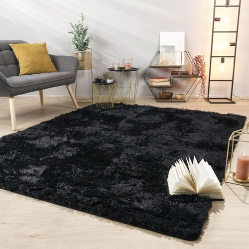TT Home Teppich Wohnzimmer Hochflor Langflor Weich Soft Modernes Einfarbiges Design, Farbe: Schwarz, Größe:120x160 cm
