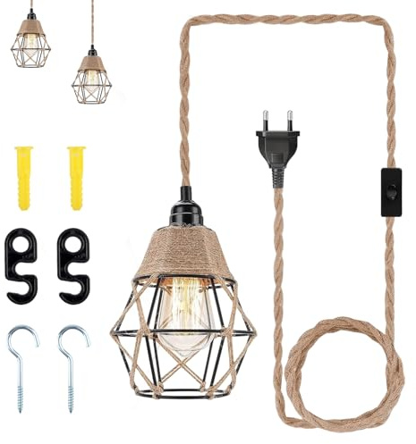 Lampadari Stile Industriale con 4.5m Corda di Canapa Cavo Paralume E27 | Vintage 220-240V Lampadario Soggiorno per Corridoio Soggiorno Sala da Pranzo Cucina (Lampadina non inclusa)