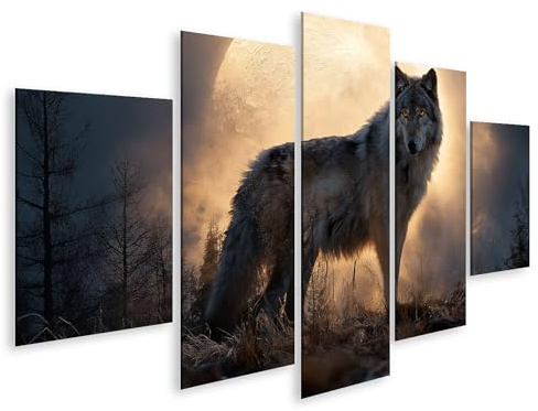 islandburner Bild auf Leinwand Mystischer Wolf im Mondschein Wandbild für Wohnzimmer - Für Naturliebhaber - 5-teilig - Edition K4