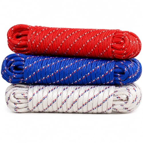 Confezione da 3 corde multiuso in polietilene, 6 mm x 20 m, corda intrecciata domestica galleggiante in 3 colori, ideale per stendibiancheria, legatura, imballaggio, giardino, campeggio, nautica