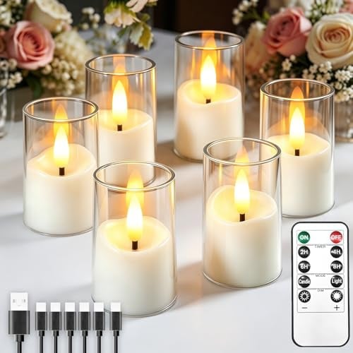 6 Stück Wiederaufladbare Acryl Led Klein Kerzen mit Fernbedienung Timer | 4 x 6,5cm Flammenlose Mini Led Teelichter für Hochzeiten Partys Halloween Weihnachten Heimdekoration