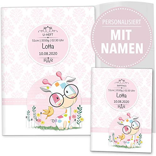 OLGS U-Heft- und Impfpasshülle 3-teilig Set | Rosa Little Lady | Untersuchungsheft & Impfpasshülle personalisierbar (U-Heft Set 3-teilig personalisiert, Giraffe)