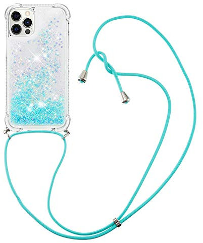 MRSTER Lanyard Phone Case for iPhone 12 Mini, Bling Glitter Quicksand Liquid Sparkle Silicone TPU Case Cover With Crossbody Necklace Cord Strap for iPhone 12 Mini 5.4”. LP Star Blue