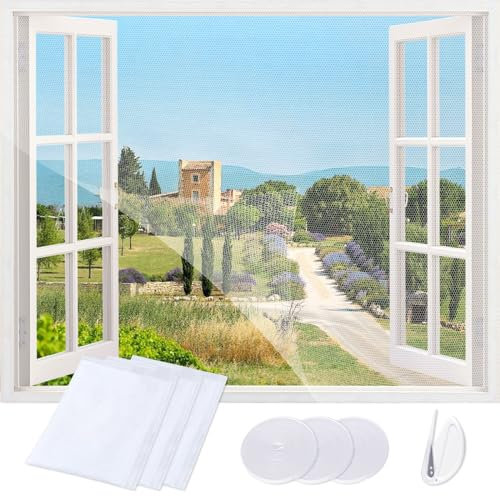 REDTRON 3 Pack Fliegengitter für Fenster, DIY selbstklebendes moskitonetz Fenster, einstellbares mückenschutz für Fenster, auf die gewünschte Größe zuschneidbar(1.3m x 1.5m, Weiß)