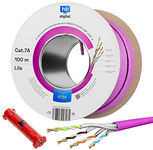 HB-DIGITAL 100m CAT.7a Netzwerkkabel Lila Verlegekabel Ethernet LAN AWG23 Reines Kupfer S/FTP PiMF LSZH Halogenfrei RoHS-Compliant Installation Datenkabel PoE 10Gbit/s max. 1200MHz + Abisolierer