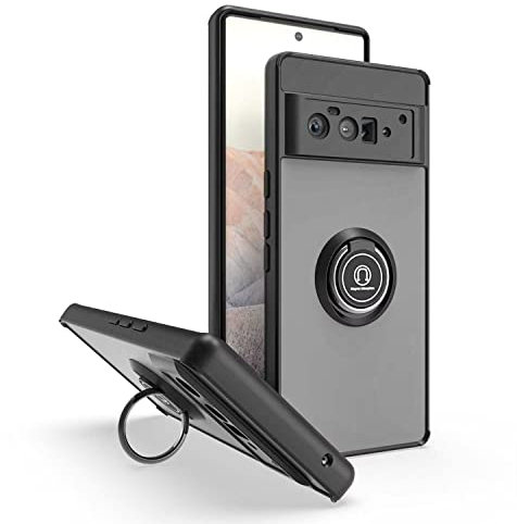 JIEZUIMEI Durchscheinende Handyhülle für Google Pixel 6 Pro Hülle, Ultradünne Stoßfeste Case Matte Harte PC Zurück Cover und Weich Schlank TPU Bumper Schutzhülle mit Ring Ständer Schwarz