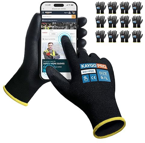 KAYGO 12 Paar Arbeitshandschuhe Touchscreen PU beschichtet Schutzhandschuhe, antirutsch Griff an Handflächen und Fingern, Geeignet für DIY allgemeine Arbeit Gartenarbeit (Schwarz, L, Gr 9)