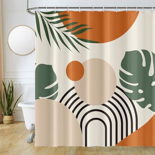 Uiiooazy Rideau Douche Anti Moisissure, Rideau de Douche 180x180cm Terracotta Tropicale Feuilles de Palmier Vert Jungle Rideaux de Baignoire Tissu Lavable Imperméable Rideaux de Bain avec 12 Crochets