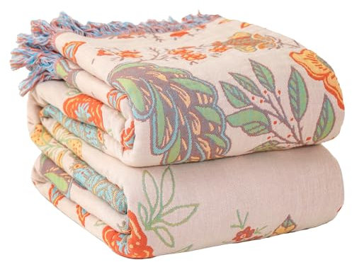 Wotcsil Boho Decke Kuscheldecke 200 x 230 cm Baumwolldecke Tagesdecke Boho Sofaüberwurf Blumenmuster Decke Blanket Sofadecke Boho Bettüberwurf Couchdecke Sesseldecke Kuscheldecke, Grün Orange