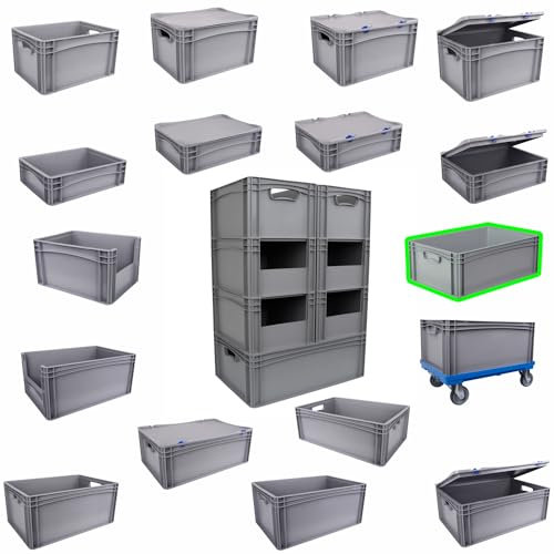 Hesselink Eurobox 60x40x22 cm, Handgriffe geschlossen, stapelbar, 42,2 Liter, grau, lebensmittelecht, Eurobehälter kombinierbar mit Deckel