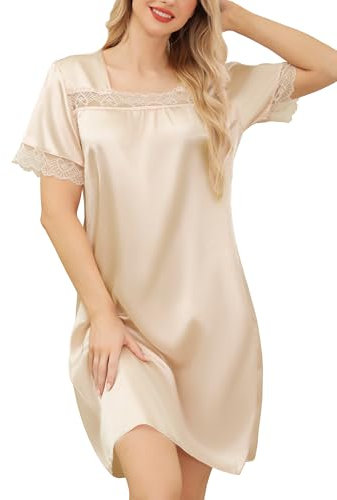 Lovasy Satin Nightdress for Women UK Silk Nighties for Women Ladies Short Sleeve Lace Trim Satin Night Dress Nighty Nightwear,Champagne,XXL