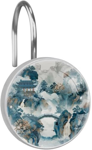 Ganci per tenda da doccia con pittura di paesaggio cinese, 1 pz anelli per tenda da doccia in vetro antiruggine per bagno, gancio decorativo circolare per tenda e ganci per asta da doccia