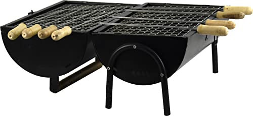 Portable Barbecue Barrel Charcoal BBQ 2 Independent Cooking Areas Grill with Wooden Handles Outdoor Patio Garden Heating Smoker Beach Picnic Camping Barbeque Black