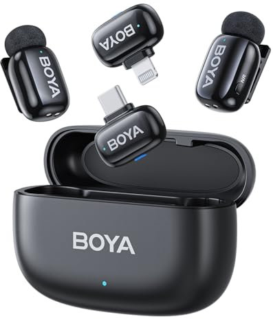 Boyamini Wireless Lavalier Microphone for iPhone/iPad Android Device with 2 Plugs&2 Ultra Mini Mics with 30H Usage, AI Voice Change, Lapel Microphone for Vlog, Streaming, TikTok, YouTube(Black)