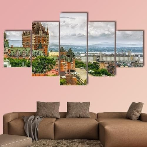 QYYAMDEQ Tableau Murale Decoration 5 Panneau Château Frontenac au Québec Mural Art Peinture Photos Bureau À Domicile Bain Grand Tableau Decoration Poster Mural Xxl 200X100