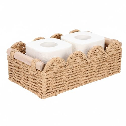 Punorric Toilet Paper Basket, Wicker Toilet Roll Storage with Wooden Handle, Rustic Farmhouse Bathroom Storage Basket for Space Saving, Decorative Bathroom Accessories Organiser Tray for Countertop