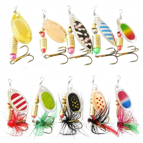 Kunstköder Spinner Blinker Set,10 Stücke Forellen Spoon Angeln,Pailletten Kunstköder mit Aufbewahrungsbox für Forelle, Barsch, Zander,Lachs, Hecht, Walleye
