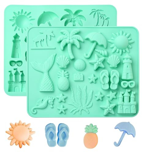 Ipotkitt 2 piezas 25 cavidades Moldes de silicona con forma de castillo de caballito de mar verde, estrella de mar, playa, tema marino, moldes para caramelos, galletas, fondant, pastel, chocolate